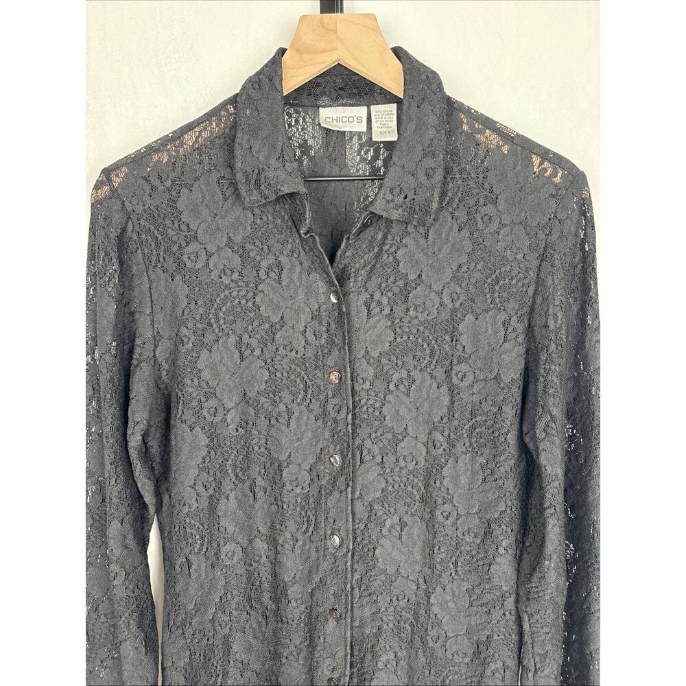 Chico's Black Lace Button Up Tunic Women's Large Collared Top Goth Witchy Sheer - Picture 2 of 10